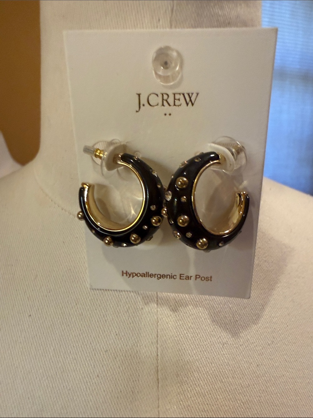 J. Crew Factory Black Enamel Hoop Earrings with Gold Studs